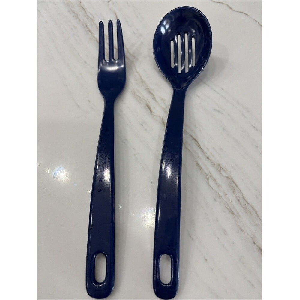 Vtg Melamine Salad Utensils Fork & Spoon Serving Set Blue MCM 11" Set of 2